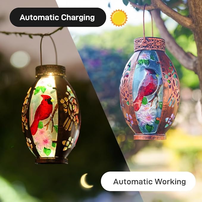 Starsoul Cardinal Outdoor Solar Lantern - Metal & Stained Glass Cardinal Solar Light, Waterproof Tabletop Lamp with Hollowed-Out Design for Yard, Patio, Garden, Pathway