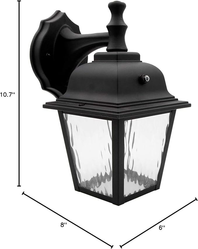 Maxxima LED Porch Lantern Outdoor Wall Light Fixture - Black, Clear Water Glass, Photocell Sensor, 875 Lumens, 3000K Warm White, Dusk to Dawn Light Sensor, Exterior Decorative Light