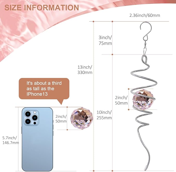 Gazing Ball Spiral Tail, Spiral Wind Spinners with Pink Crystal Orb with Swivel Hook, Suncatcher Rainbow Maker Hanging Garden Ornament Outdoor Decoration Indoor Outdoor Decor 13 inch Height