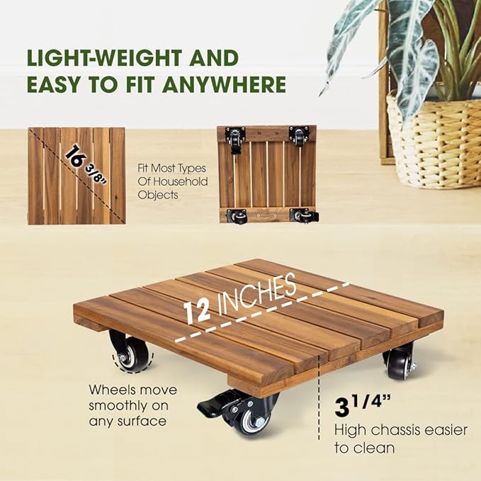 2pack Wood Plant Caddy With Wheels Heavy Duty, 264 Lbs Capacity, 12 Inch Acacia Hardwood Plant Dolly, Plant Stand with 360° Lockable Wheels for Plant Pots, Heavy Objects Hauling - Natural Wood