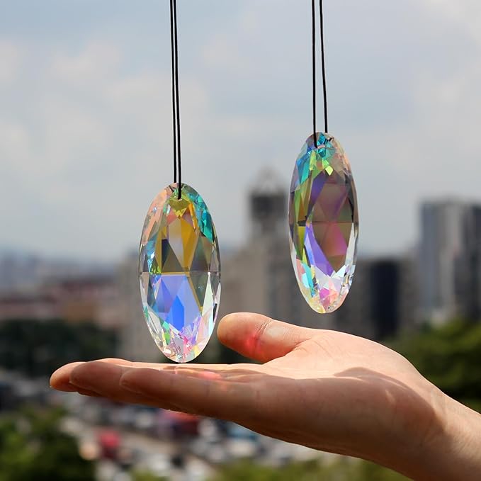 2PCS Simple Geometry Crystal Sun Catcher Prisms, STINO Hanging Suncatchers with Glass Prism, Rainbow Maker for Windows, Balcony, Kitchen, Garden Decoration (1, Oval Eye 2Pcs)