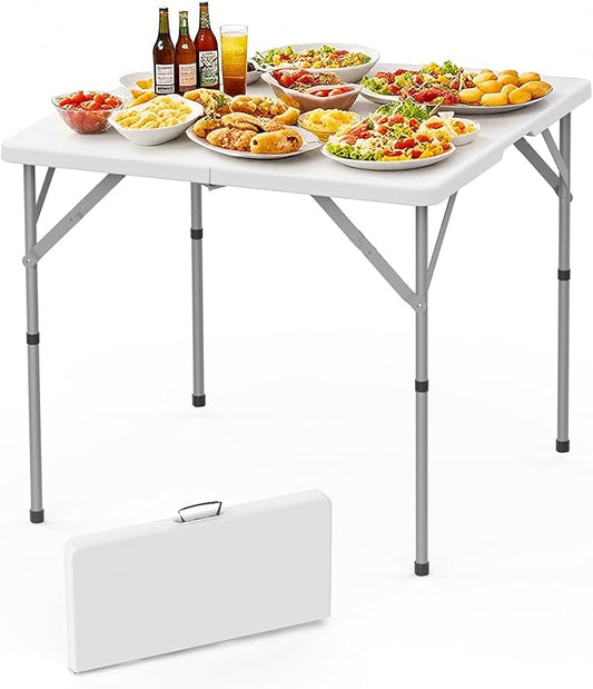 HLPB 34'' Square Folding Card Table, Fold-in-Half Portable Dining Table with Handle and Safety Lock, Foldable Plastic Dining Table Indoor Outdoor for Camping, Picnic and Party Event, White