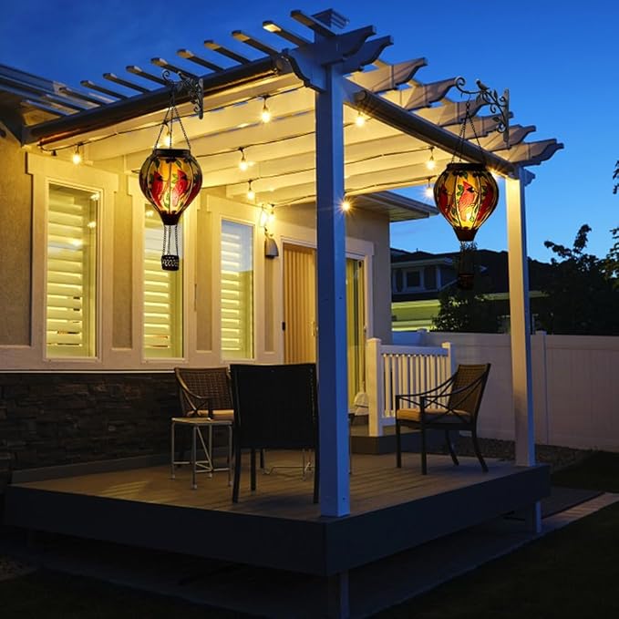 pearlstar Hot Air Balloon Solar Lantern with Flickering Flame Light Outdoor Solar Hanging Lights Waterproof for Garden Yard Farmhouse Patio Pathway Christmas Decoration,Glass(Cardinal)