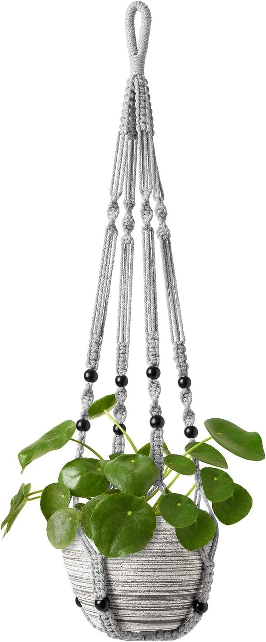 Mkono Macrame Plant Hanger Indoor Hanging Planter Basket with Wood Beads Decorative Flower Pot Holder No Tassels for Indoor Outdoor Boho Home Decor 35 Inch, Grey, Set of 1 (POTS NOT Included)