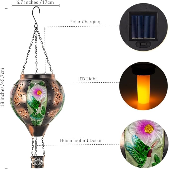 Starsoul Hummingbird Hot Air Balloon Solar Lantern Metal & Glass Solar Hot Air Balloon Hanging Garden Light Waterproof Outdoor Lantern for Patio Yard Party Decorations