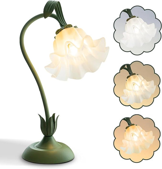 Flower Table Lamp,LED Reading Light Bedside Vintage Flower Night Light,3 Colors Modes Kawaii Bedside Lamps Decor,Living Room Bedroom Room Lighting Table Lamps Home Decoration (Green)