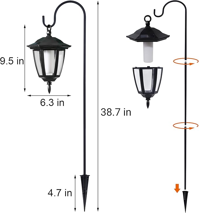 Dynaming 2 Pack Solar Flame Hanging Lights Outdoor, Solar Flickering Flame LED Garden Lanterns with 2 x 38 Inch Shepherd Hooks, Landscape Lighting Waterproof for Lawn Patio Yard Pathway Driveway
