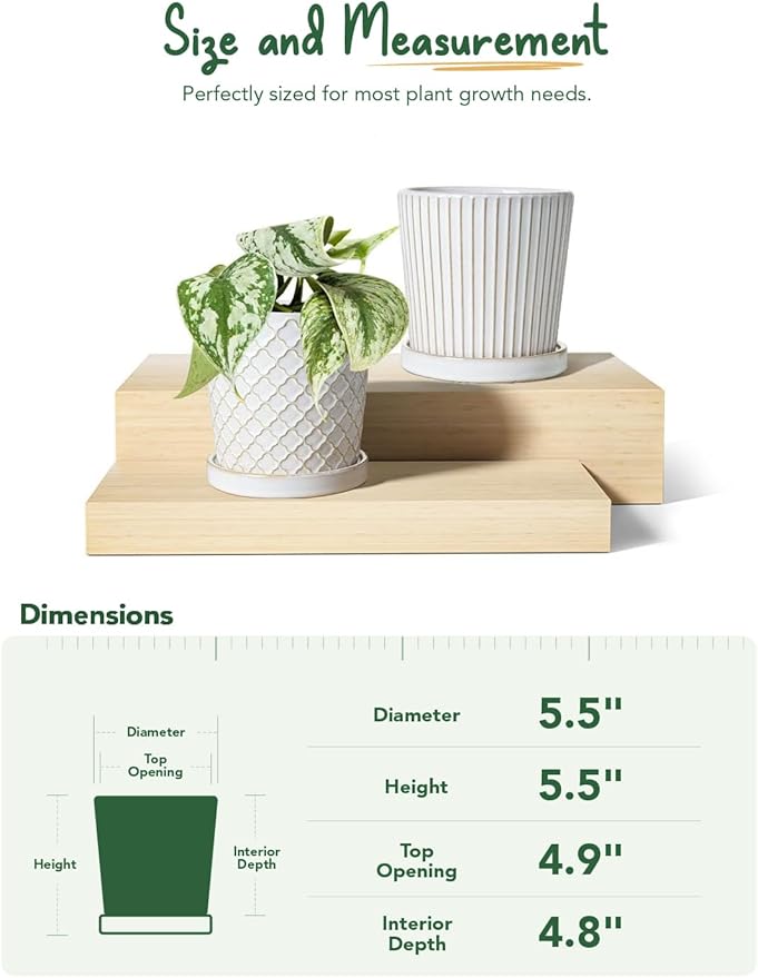 LE TAUCI Ceramic Pots for Plants, 5.4 Inch Plant Pots with Drainage Hole and Saucer, Indoor Plant Pots for Succulent, Snake Plants and Cactus, Flower Pots, Set of 2, Reactive Glaze White