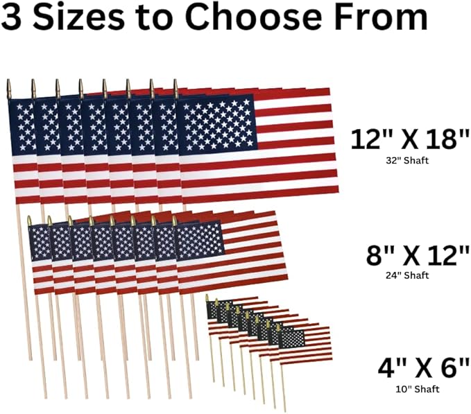 American Flags on Stick - Handheld Spearhead US Flag for 4th of July, Memorial Day Event Decorations - Patriotic Decor for Indoors & Yard - Wooden Stick, Cotton Fabric - (8"X12"-144 Pack)