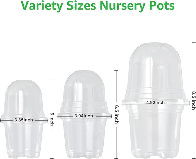 Bonviee 36 Packs 3.5/4/5 Inch Clear Nursery Pots with Humidity Domes, Variety Sizes Seed Starting Pots with Drainage Holes, Transparent Garden Containers for Succulents, Flowers and Cactus-Clear