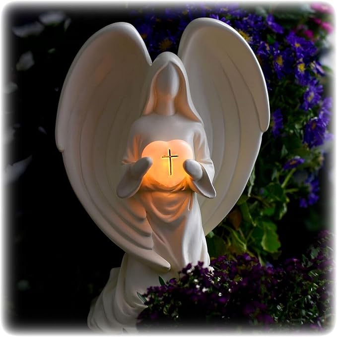 Solar Light Angel Statue, Unique Funeral Memorial Gifts, Light Up Angels in Loving Memory, Remembrance Gift for Loss of Loved One with Condolences Card