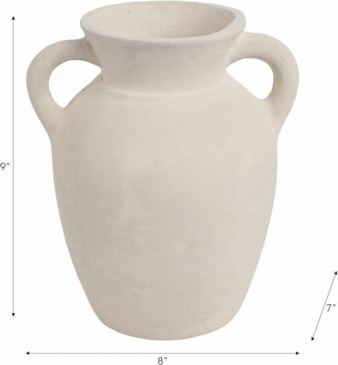 Sagebrook Home Vintage Ceramic Vase - Handmade Pottery Paper Mache Jug - Decorative Home Accent for Living Room, Bedroom, Office - 9" White