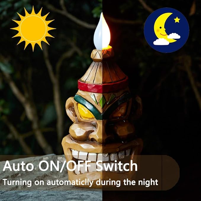 Outdoor Solar Tiki Statue Decor-Tiki Bar Decoration-Torch Tiki Head Statues Outdoor Decorations for Garden,Patio,Yard,Backyard,Lawn,Garden Gift,Garden Tiki Figurine 8.74 Inch Tall