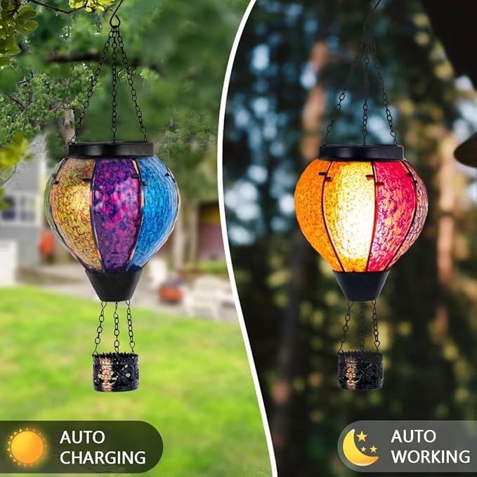 Solar Hot Air Balloon Outdoor Lantern with Flickering Flame, Handmade Glass Hanging Outdoor Lantern Waterproof Decorative Lantern Lamp for Patio, Garden, Porch (Colorful)