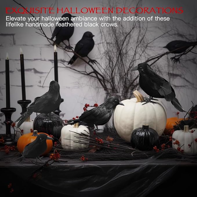 ZODIFEVI 6 Pack Realistic Crows, Real Touch Black Feathered Crows, Halloween Decorations,Artificial Handmade Feathered Raven, Halloween Party Decor Prop Outdoors and Indoors Decoration