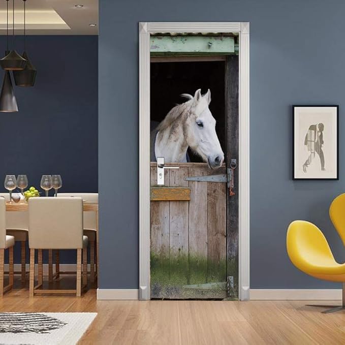 Horse 3D Door Stickers Murals - Peel & Stick - Waterproof & Washable - Matt Finish - Realistic Style - Horse Color - Animal Pattern - 37.4" x 82.7" - Door & Wall