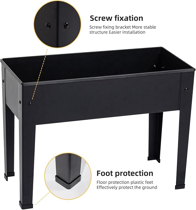 Raised Garden Bed, Elevated Planter Black Metal Plant Box with Legs Standing Garden Stand Drainage Holes Black(Black 24" L x 11" W x 18" H)