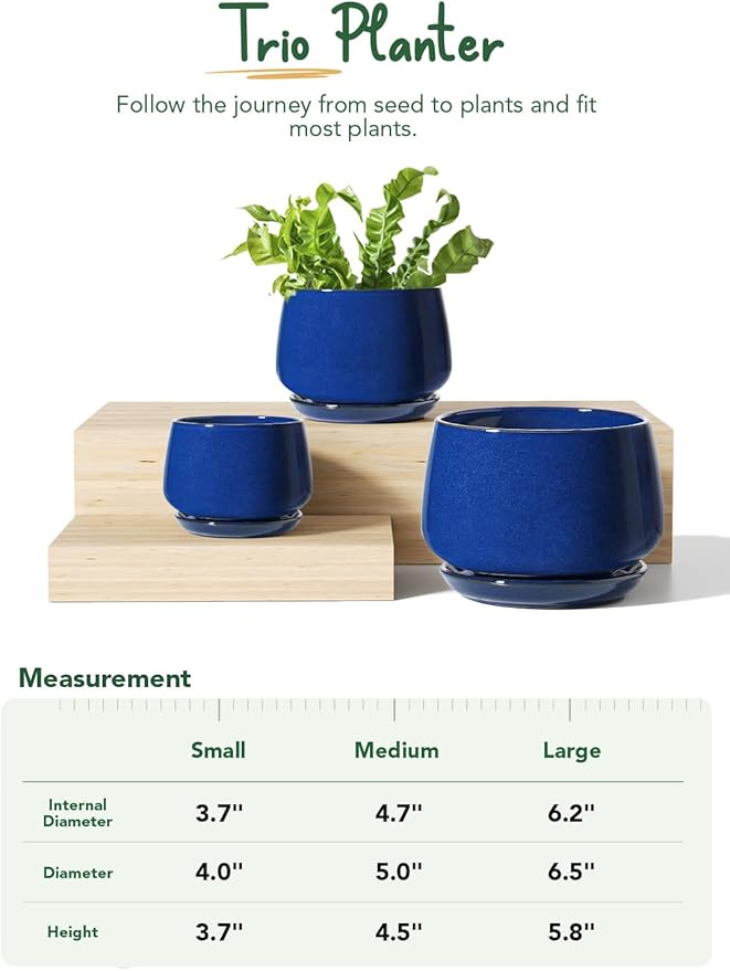 LE TAUCI Plant Pots, 4.1+5.1+6.5 inch, Set of 3, Ceramic Planters with Drainage Hole and Saucer, Indoor Flower Pot with Hole Mesh Pad, Gifts for Mom, Sapphire Blue
