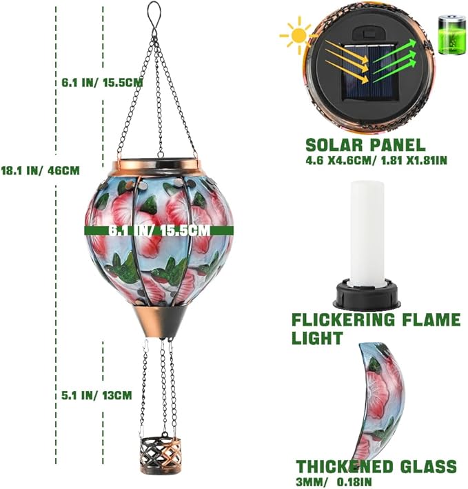 Hot Air Balloon Solar Lantern - Simulated Flickering Flame Hummingbird Glass Lantern, Outdoor Hanging Yard Light Waterproof IP65 & Weather Resistant for Garden Patio Lawn Porch Decor Gfit
