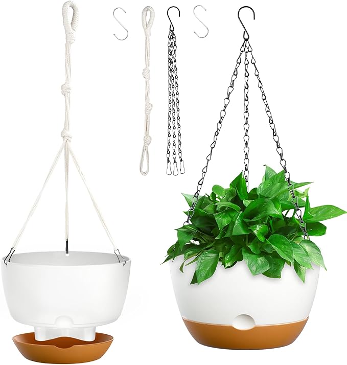 8 Inch Hanging Planters for Indoor & Outdoor Plants (2 Pack) - Self-Watering & Drainage Flower Pots with 2 Kinds of Plant Hangers for Home Decor & Garden (White, 8 in)