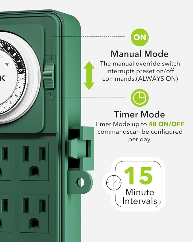 BN-LINK 24 Hour Mechanical Outdoor Multi Socket 6 Outlet Garden Power Stake with 6ft Cords, Outdoor Timer for Christmas Lights, ETL Listed, 125V, 15A/1875W