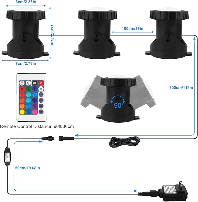 T-SUN LED Pond Light, 3 Head Lamps Submersible LED Pond Lights Color Changing Garden Pond Light with Remote Control, RGB Fish Tank Lights Fountain Spotlight for Garden, Pool, Aquarium Tank(3 Headlamp)