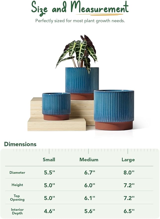 LE TAUCI Ceramic Pots for Plants, 8+6.7+5.5 Inch Plant Pots Indoor, Flower Pot with Drainage Holes, Medium Cylinder Planters for Indoor House Plants, Set of 3, Blue