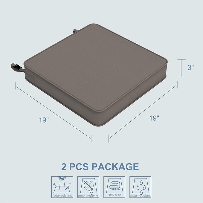 LVTXIII Patio Chair Cushions 19"x19"x3", Water-Repellent Outdoor Seat Cushions for Patio Furniture, Square Chair Pads with Ties for Home Garden Decoration, Set of 2, Dark Grey