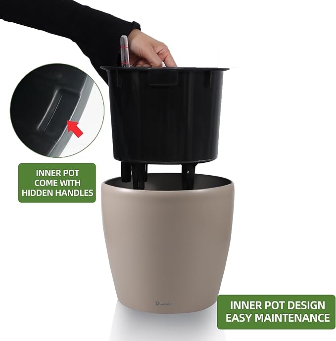 Dexceder 9x8 Inches Self Watering Planter Indoor Outdoor, Inner Pot Design, Thickened Table Flower Plant Pot with Water Level Indicator (Taupe Matte)