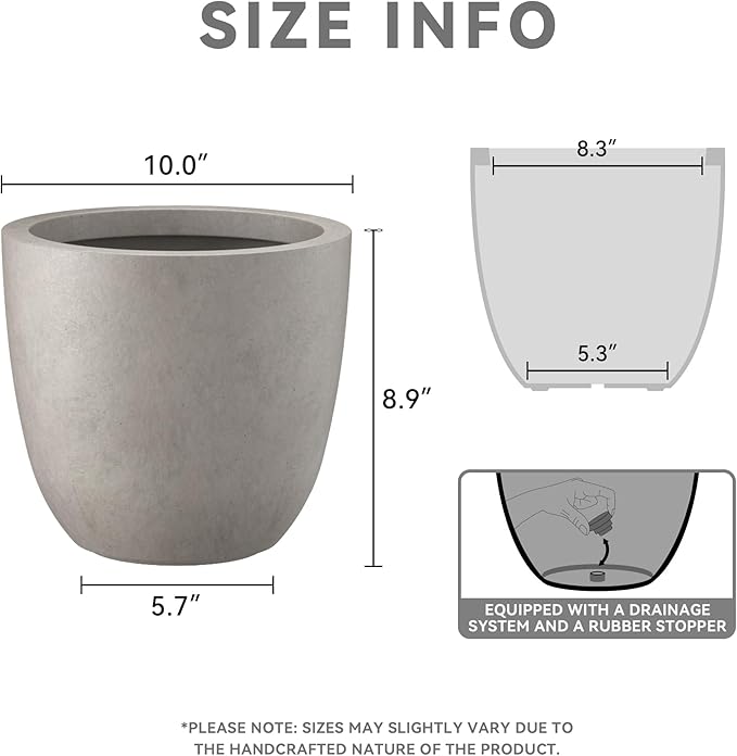 Kante 10 Inch Dia Round Concrete Planter, Indoor Outdoor Large Plant Pot with Drainage Hole and Rubber Plug for Home Patio Garden, Buff Concrete
