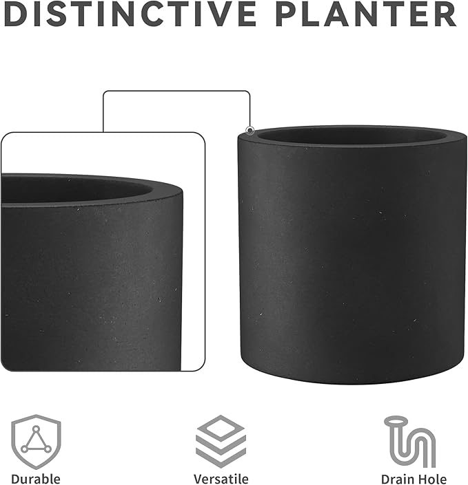 Kante 12.6" Dia Round Concrete Planter, Modern Style Large Cylindrical Plant Pot with Drainage Hole and Rubber Plug for Indoor Outdoor Patio, Black
