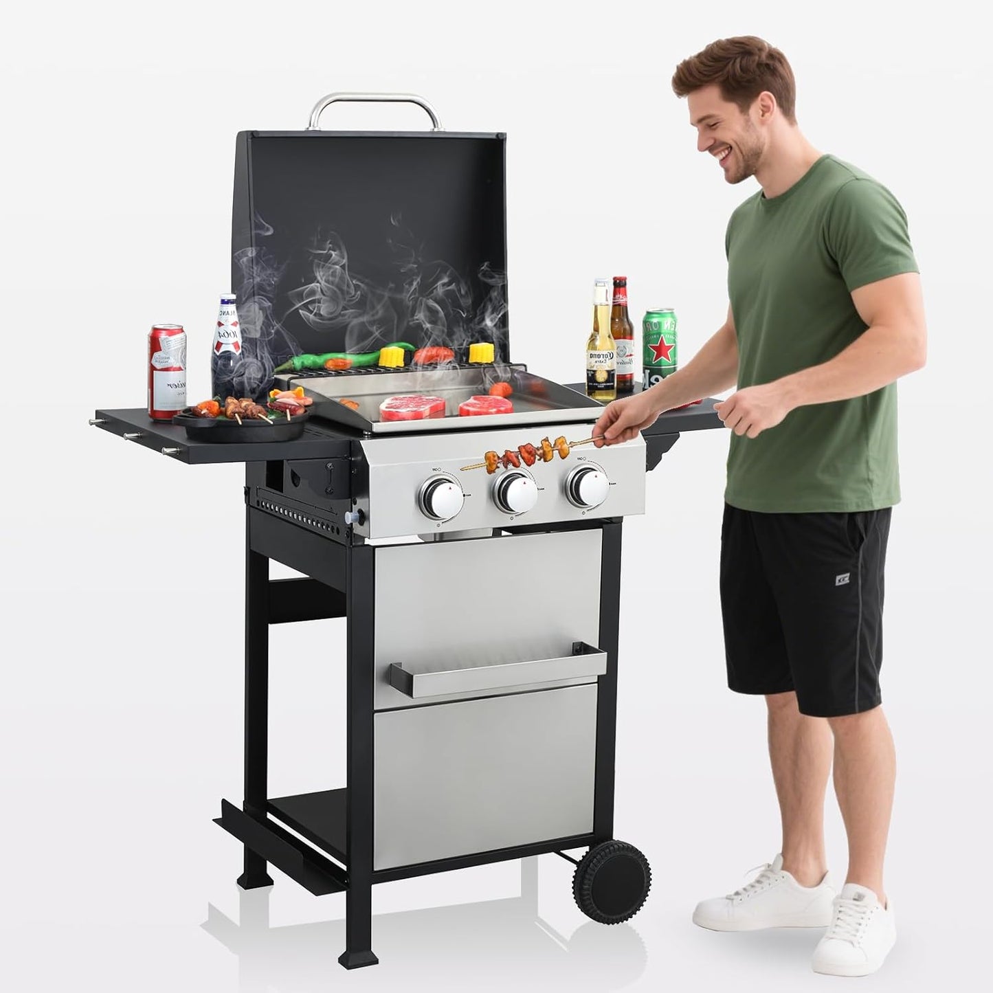3-Burner Propane Gas BBQ Grill with Porcelain-Enameled Cast Iron Grates, Baking Sheet, 2 Foldable Side Table, 36,900 BTU Stainless Steel Grill for Outdoor Camping Barbecue Grilling Backyard Cooking