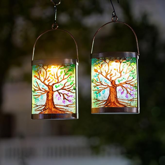 Starsoul 2 Pack Hanging Solar Lantern Outdoor Waterproof Glass Tree of Life Decorative Solar Lights for Outside Garden Yard Table Patio Decor