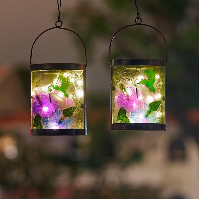 Starsoul 2 Pack Hanging Solar Lantern Outdoor Waterproof Glass Hummingbird Decorative Solar Lights for Outside Garden Yard Table Patio Decor