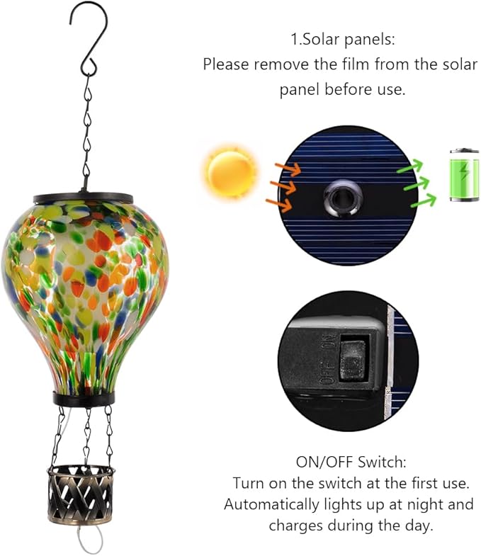 Starsoul Hot Air Balloon Solar Lantern Glass Outdoor Hot Air Balloon Solar Flickering Flame Light Waterproof Hanging Lantern for Garden Yard Patio Decorations