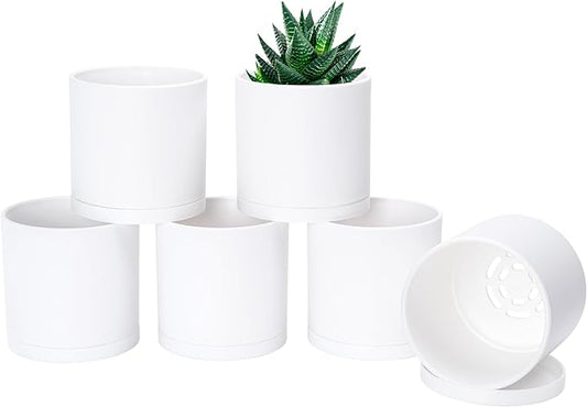 D'vine Dev 6 Pack 4 Inch Modern Plastic Plant Pots, Small Garden Planters for Plant with Drainage Holes and Saucers, White Color, 74-Z-E-3