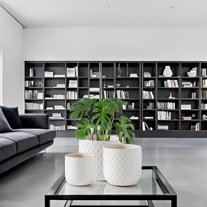 Docrin Ceramic Plant Pots Indoor: 6.5+5.3+4 Inch Planters with Drainage Holes for Home/Office - Set of 3 / White Honeycomb