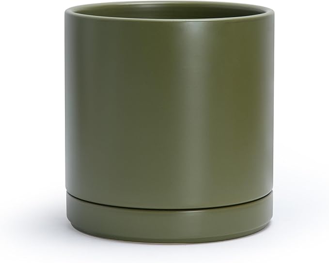 D'vine Dev 10 Inch Ceramic Planter Pot with Drainage Hole and Saucer, Indoor Cylinder Round Planter Pot, Olive, 94-O-E-J