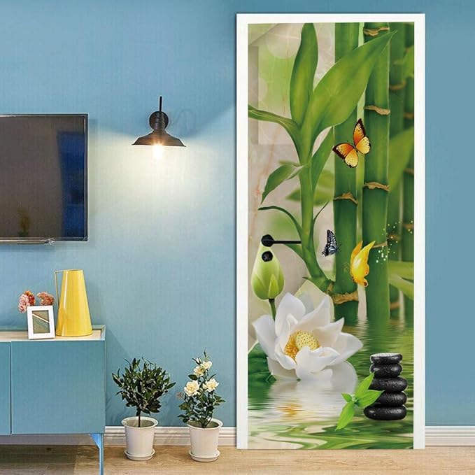 3D Bamboo Door Stickers - Peel & Stick - Waterproof & Washable - Matt Finish - Modern Style - Green - Bamboo Floral - 37.4" x 82.7"