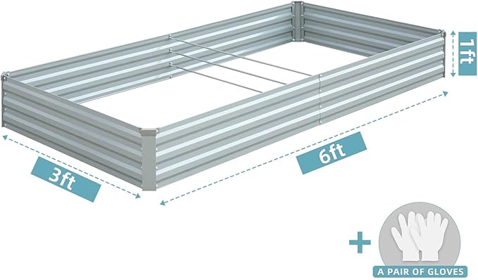 Raised Garden Bed,Galvanized Raised Garden Beds Outdoor for Vegetables Flowers Herbs, Raised Bed Planter Box, Metal Raised Garden Bed Kit with Gloves, 6x3x1ft,Gray