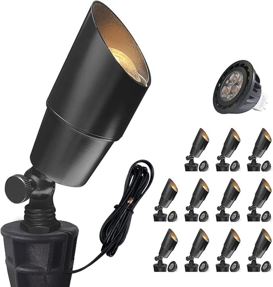COLOER Brass Low Voltage Landscape Spotlight(Black) 12-Pack with 5W Aluminum Housing MR16 LED Bulb 2700K 450LM CRI85+,12V AC/DC Outdoor Uplighting, Directional Garden Patio Spot Up Light(101B-Black)
