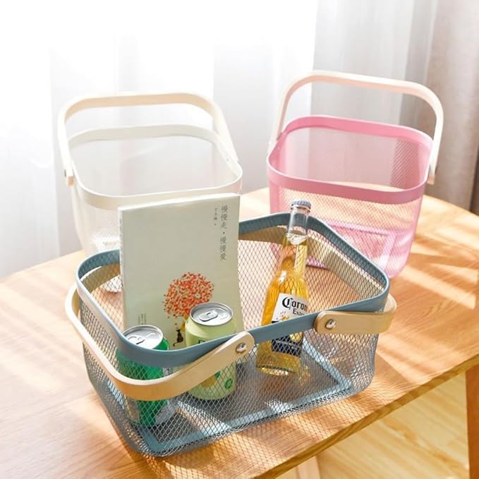 Portable Mesh Harvest Basket - Natural Bamboo Handle Foldable Organizer for Kitchen, Garden & Picnic | Ventilated Storage Bin with Rust-Proof Wire, Space-Saving Farmhouse Decor (Blue)