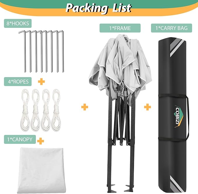 COBIZI 6.6x6.6ft Pop Up Canopy Tent, Heavy Duty Canopy Easy Set up All Weather Waterproof Outdoor Canopy Tent for Parties, Beach, Garden, Camping with 1 Handbag, 3 Adjustable Heights, UPF50+, White