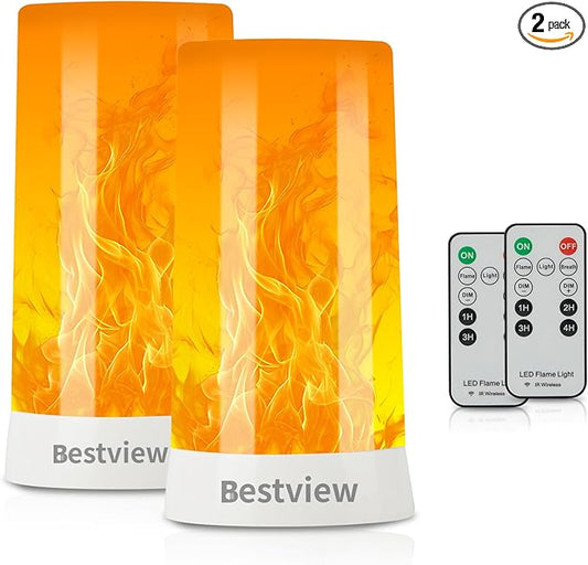 Bestview LED Flame Lights with Remote & Timer,4 Modes USB Rechargeable Battery Operated Fire Flickering Flameless Candles Campfire Table Lamp for Halloween,Christmas,Indoor&Outdoor Decoration (2 Pack)