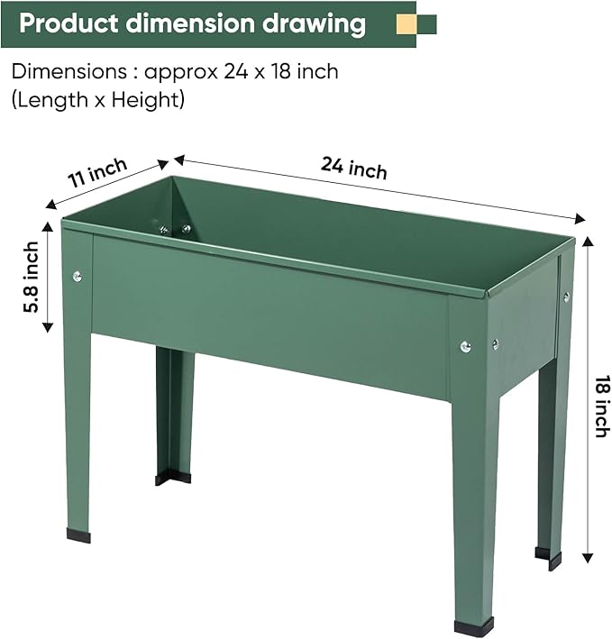 Raised Garden Bed, Elevated Planter Green Metal Plant Box with Legs Standing Garden Stand Drainage Holes Green(Green 24" L x 11" W x 18" H)