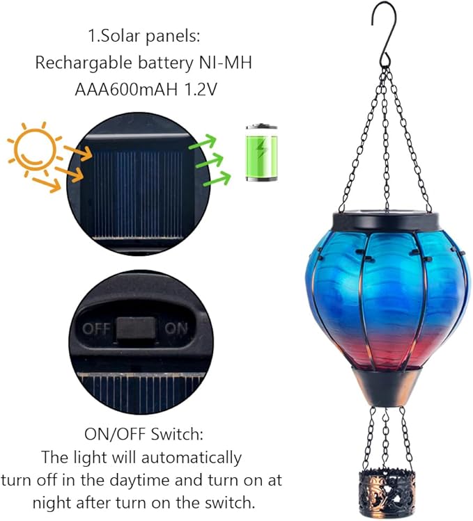 Starsoul Blue Hot Air Balloon Solar Lantern Glass Solar Hot Air Balloon Flickering Flame Hanging Garden Light Waterproof Solar Lamp Hot Air Balloon Garden Yard Farmhouse Decor