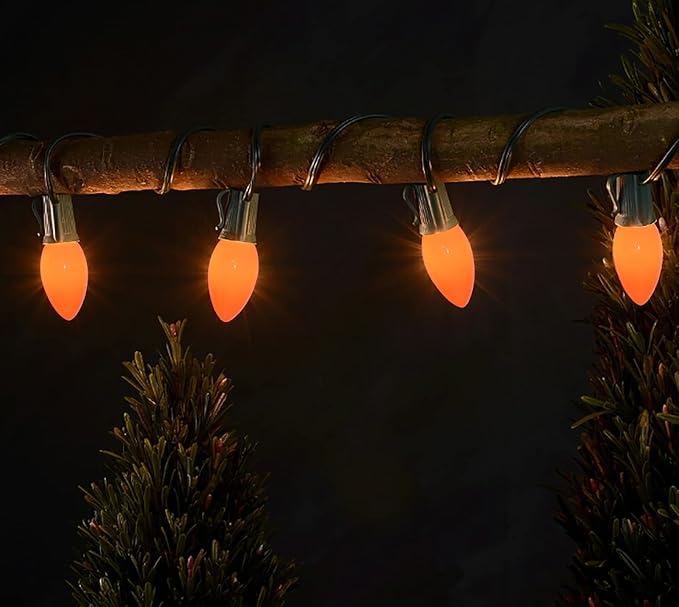25Ft Halloween Ceramic String Lights, C9 Opaque Orange String Lights with 25 Vintage Bulbs, Outdoor Hanging Lights for Halloween Party Christmas Tree Prom Decor, 7W, C9/E17 Base, Black Wire