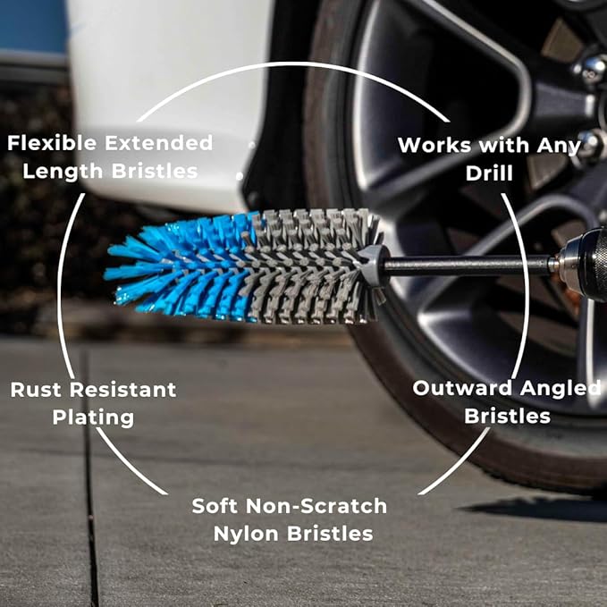 Long Reach Drill Brush Attachment, All Purpose for Car Tires, Wheels, Wheel Wells, Engine Bays, Exhaust Pipes, Running Boards, Hard to Reach Areas, with Heavy Duty Non-Scratch Nylon Bristles