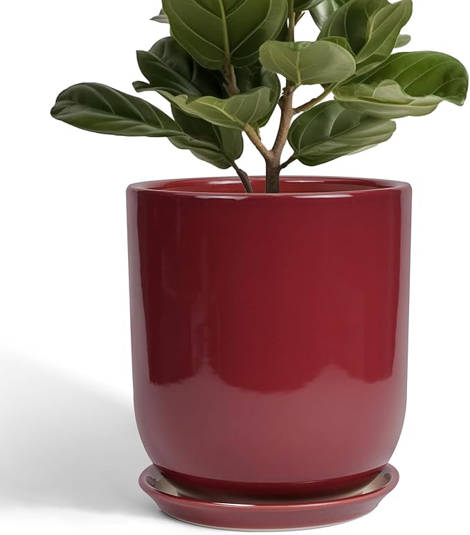 Ceramic Planter for Plants - 10 Inch Plant Pot Indoor with Drainage Hole and Saucer Modern Large Outdoor Planter Flower Pot for Home Decor Red