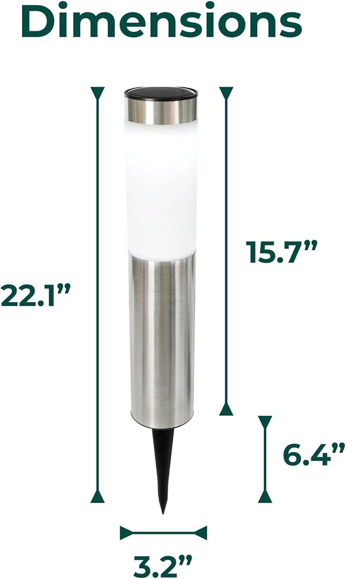 TECHKO Stainless Steel Outdoor Solar Bollard Path Lights (2-Pack), Solar Cylinder Pathway Lights (Stainless Steel)